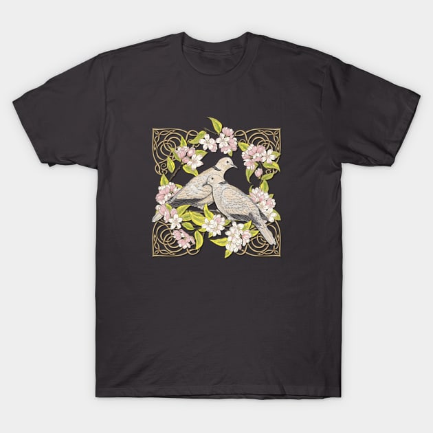 Celtic Collared Doves in Blossom T-Shirt by lottibrown